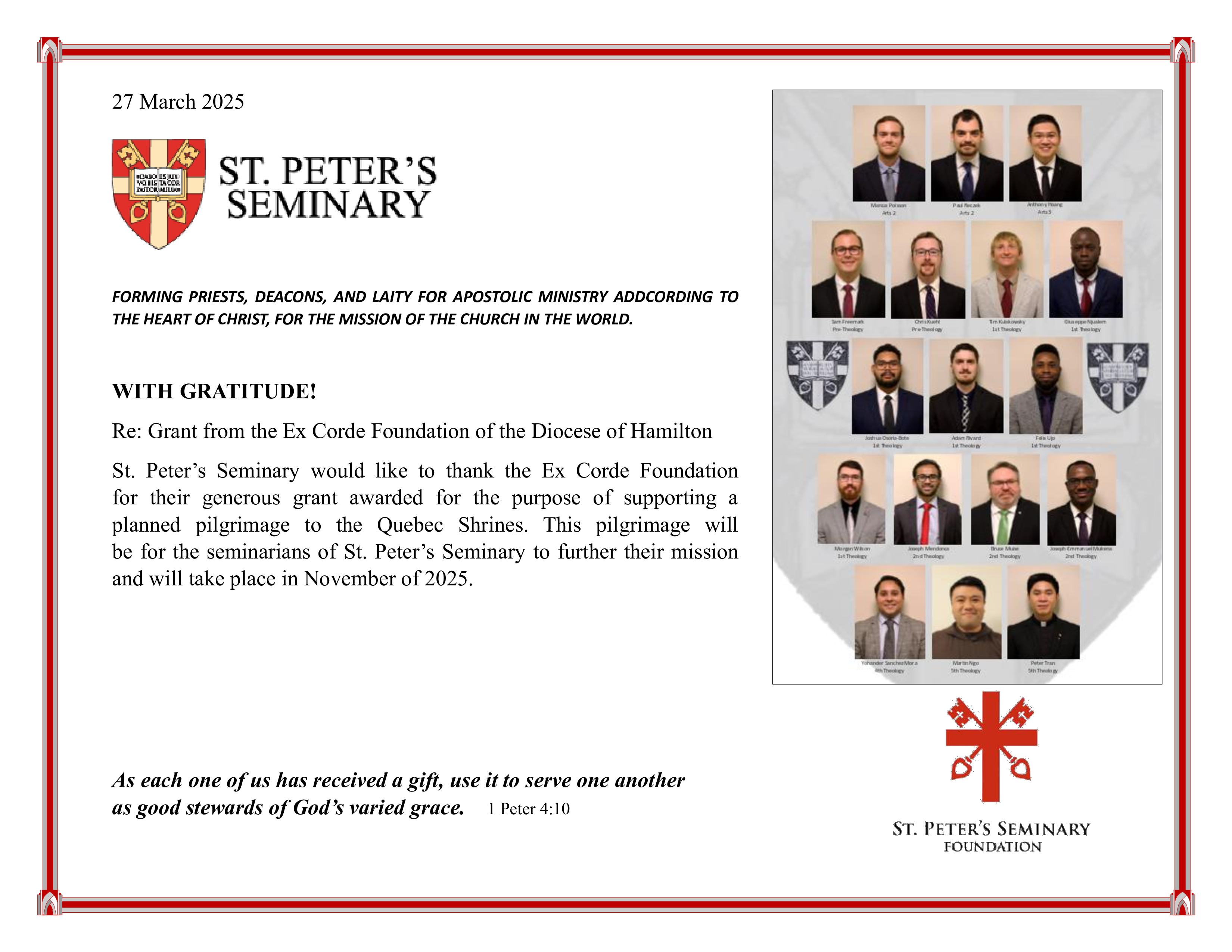 Grant from the Ex Corde Foundation of the Diocese of Hamilton